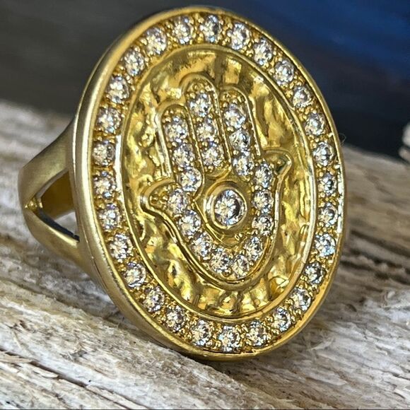 Sheila Fajl 18K Gold CZ Encrusted Hamsa/Evil Eye  Ring Size - Picture 1 of 14